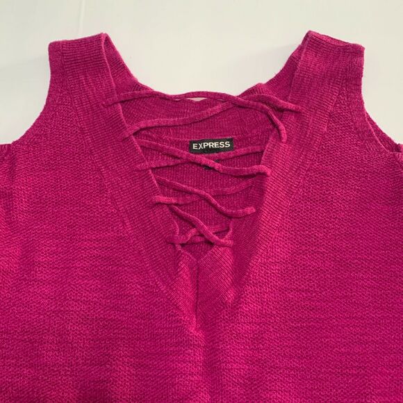 Express Sweater Top Medium Womens Pink Cold Shoulder Long Sleeve V Neck Knit - Picture 7 of 11